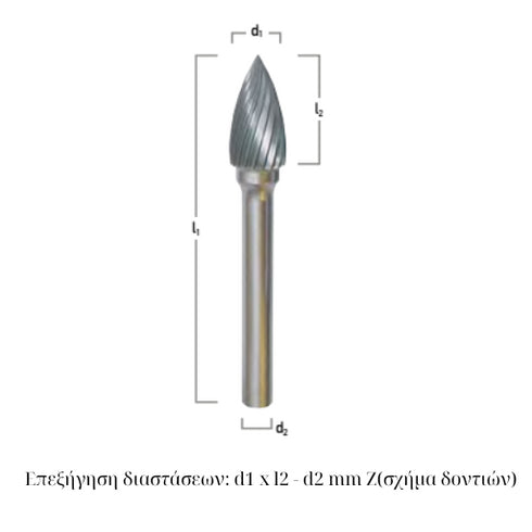 Rotary Carbide File Tree-Shaped with Pointed End (Shape SPG) Dimensions